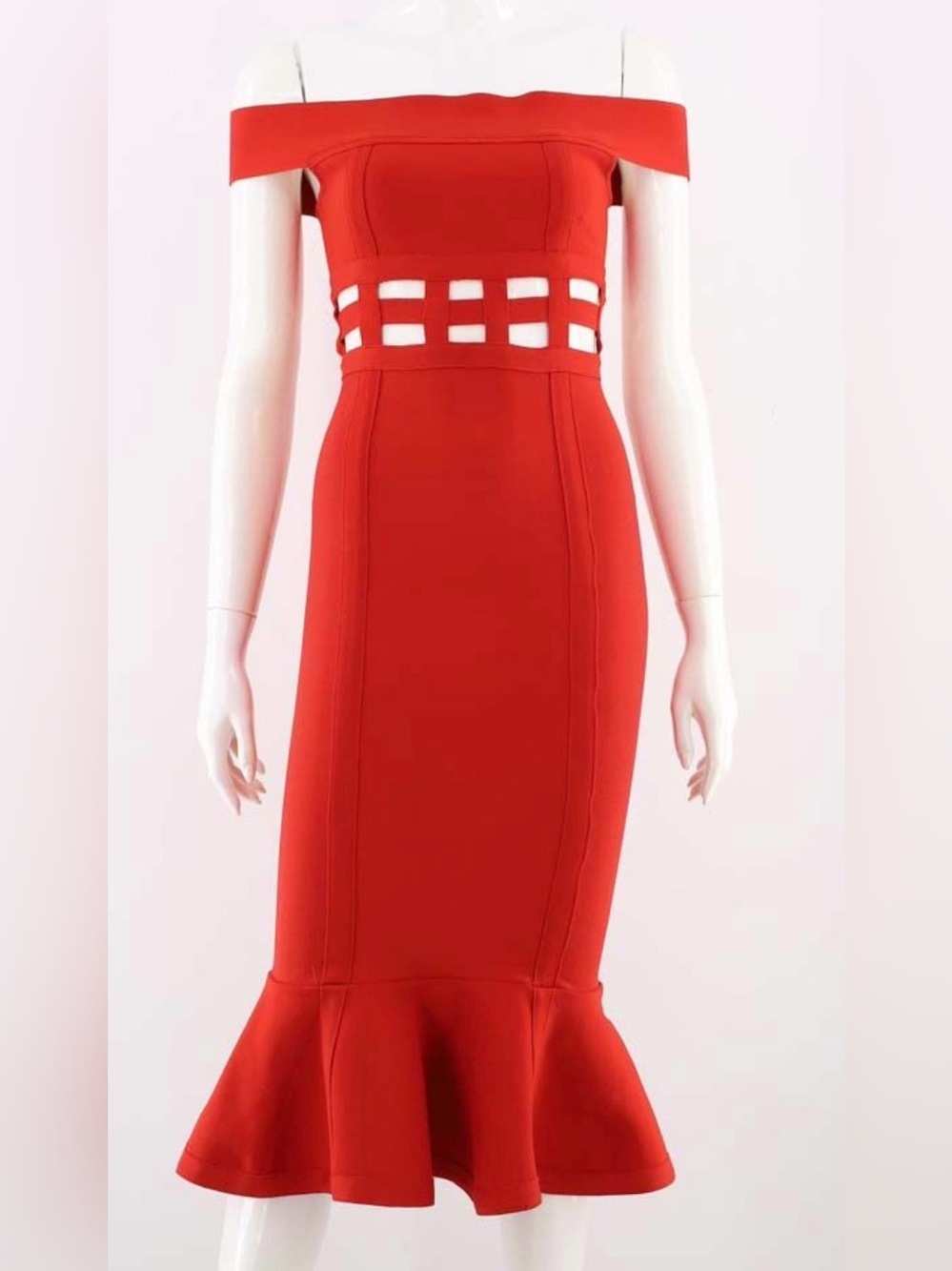 ASOS Red Off-Shoulder Midi Dress with Waist Cutouts